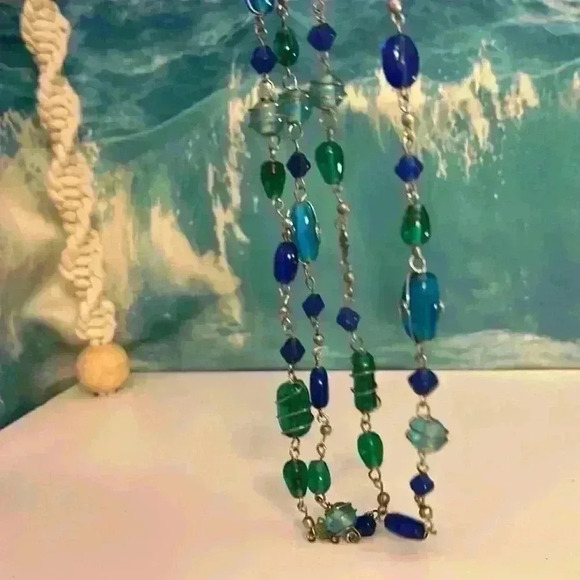 Blue Green Long Vintage Beaded Silver Tone Glass Necklace 30” - Picture 13 of 13